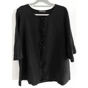 Bryn Walker Top Womens Lrg Black Lagenlook Linen 3/4 Sleeve Ruffle Boho Minimal